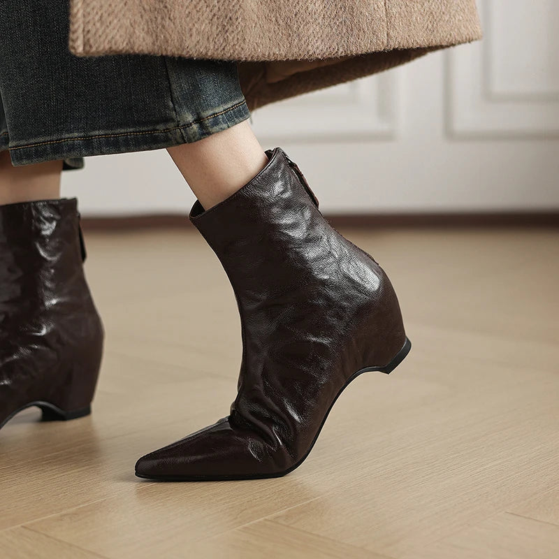 Women's Handmade Genuine Leather Short Boots Thick Heel Flat Bottom Pointed Toe Heightening Retro Boots 33-40