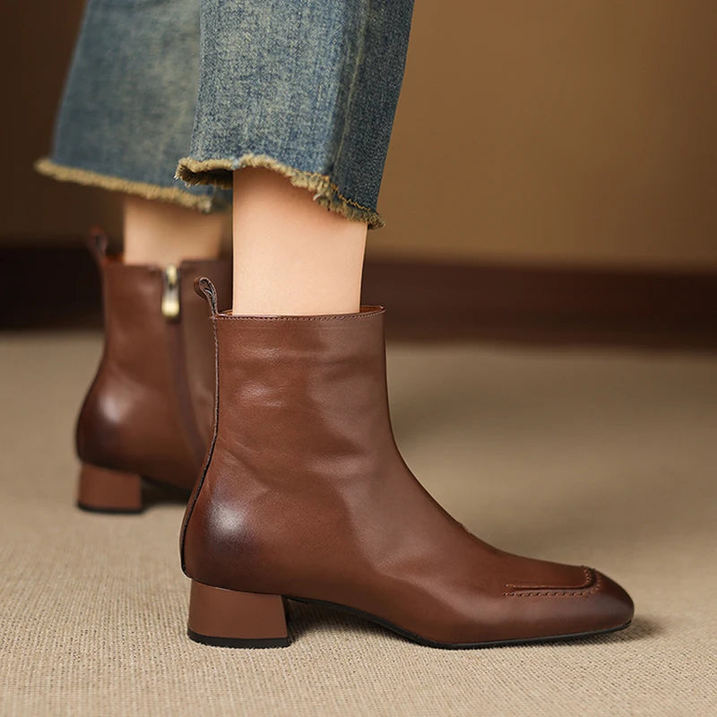Women's Handmade Genuine leather square toe zip Soft comfortable ankle boots elegant ladies med heel dress 34-40