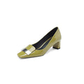 2026 Real Patent Sheepskin Leather Pumps For Women Square Toe Metal Dec Slip On High Heels Office Lady Dress Shoes