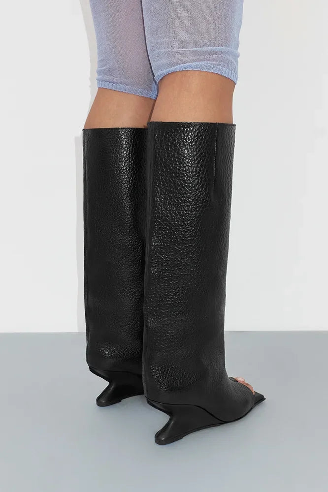 2026Women's Spring and Autumn New Style Square Toed High Heels Knee Length Boots, Medium Length Toothed Cool Boots, Oversized Boots