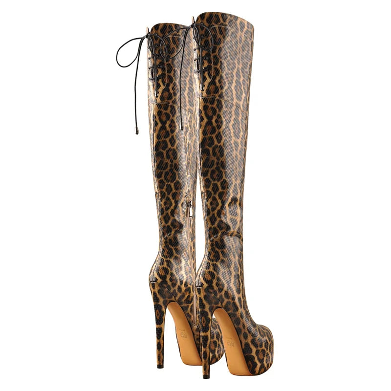 Onlymaker Women Platform Over The Knee High Boots Leopard Print Zip Thin High Heel Big Size Stiletto Sexy Woman Boots