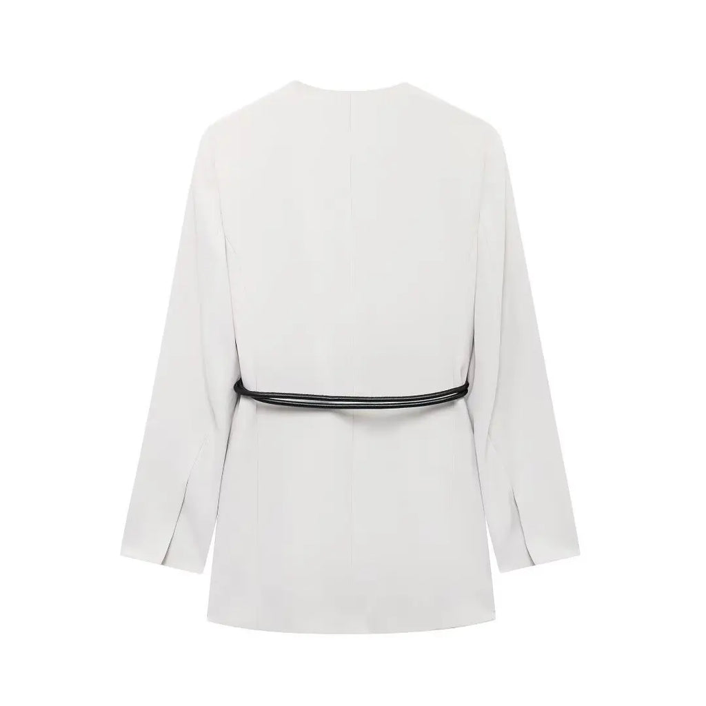 EDSA Women Belt Blazer Long Sleeves with Shoulder Pads V-Neck Jacket Long Sleeves for Office Lady Coat Outerwear