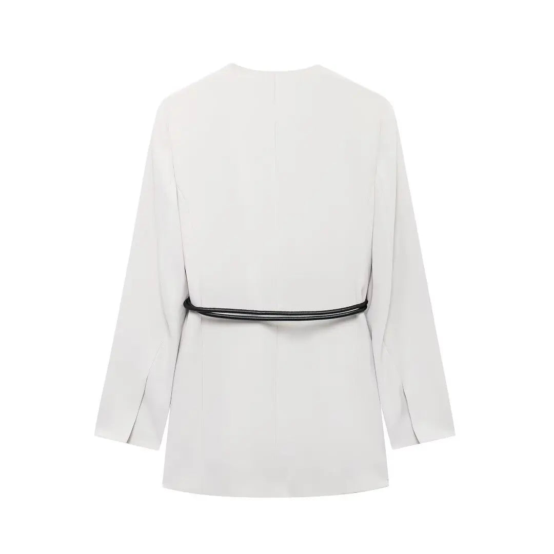 EDSA Women Belt Blazer Long Sleeves with Shoulder Pads V-Neck Jacket Long Sleeves for Office Lady Coat Outerwear