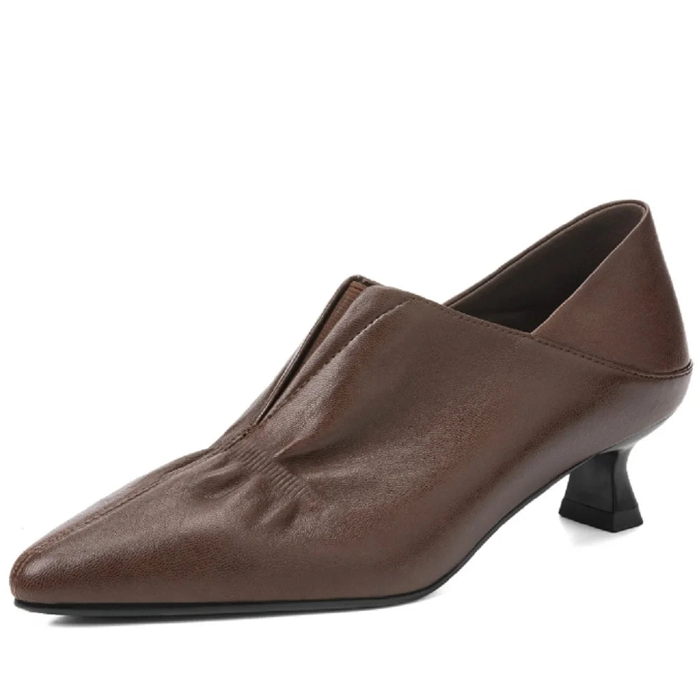 New Handmade Genuine Leather Soft and comfortable Women Retro Pointed Toe Shoes Mid Heels Loafers 34-40