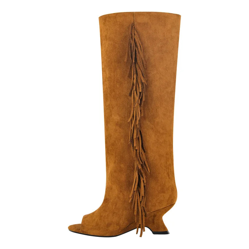 Onlymaker Women Peep Toe Flock Fringe Shaped Heel Knee High Boots  Fashion  Kitten Heel   Female Boots