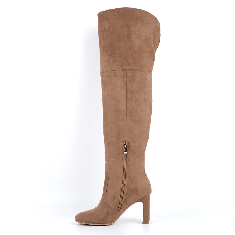 Onlymaker Women Side Zipper Flock Chunky Block Heel Over knee Boots Thigh High Sexy Boots