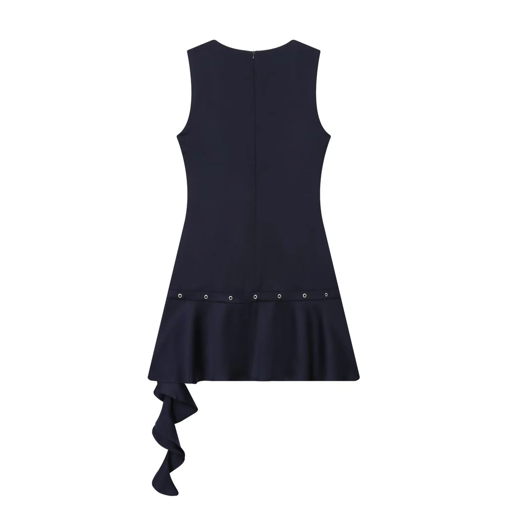 2026 Autumn New Product Design Round Neck Riveted Asymmetric Sleeveless Short Dress for Women