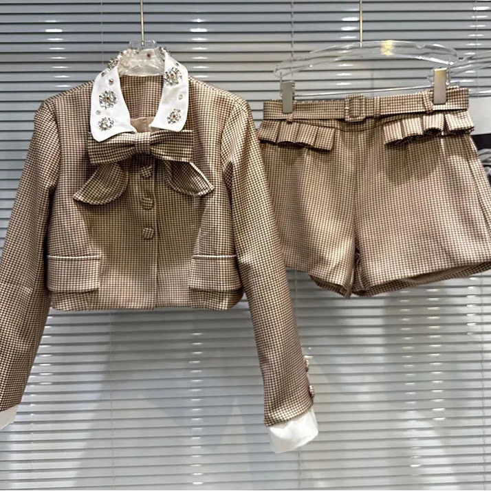 2026 Autumn New Women's Two-pieces Set Bow Tie Scarf Plaid Short Jacket Casual Versatile Belt Shorts Sets Female 11A06528