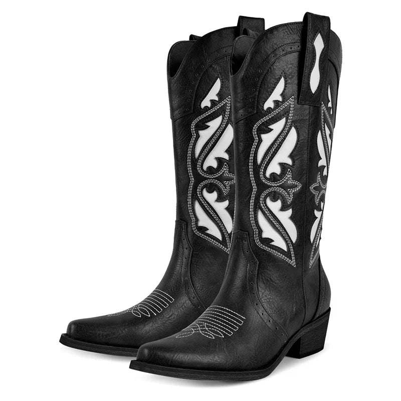 Onlymaker Women Pointed Toe Embroidered Stitched Mid Calf Cowboy Boots Chunky Block Heel Pull On Cowgirl Western Boots