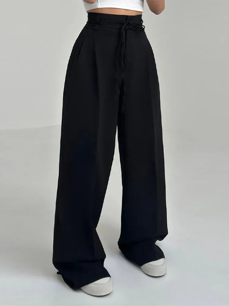 Fashion Y2K Wide Leg Long Pant For Women Elegant Elastic High Waist Double Drawstring Baggy Pant Office Lady Loose Suit Trousers