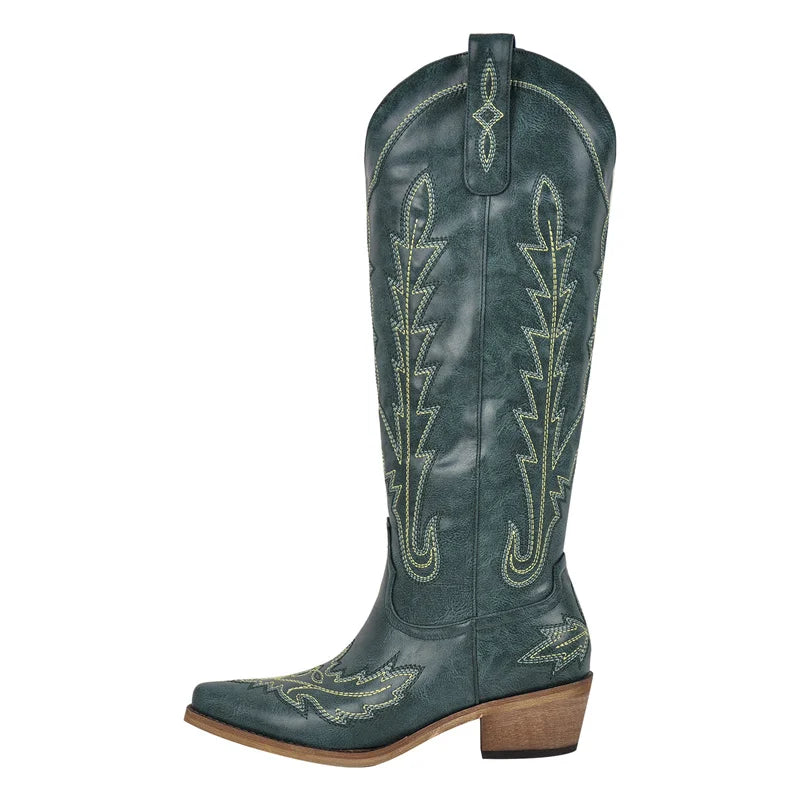 Onlymaker Women Pointed Toe Side Zipper Embroidered Western Cowboy Boots Block Heel Vintage Fashion Tall Cowgirl Boots