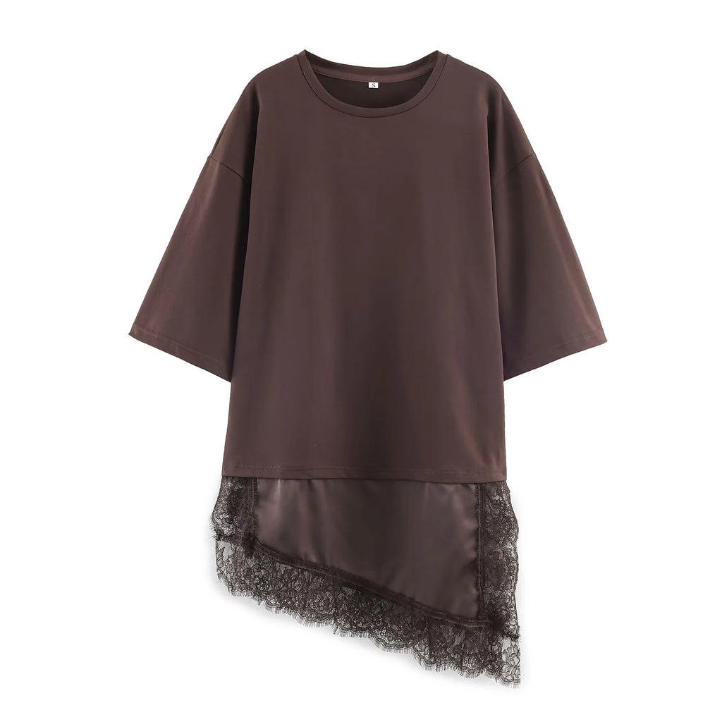 2025 Winter New Women's Cotton Spinning Round Neck Short Sleeve Asymmetric Hemp Splicing Lace Decoration T-shirt