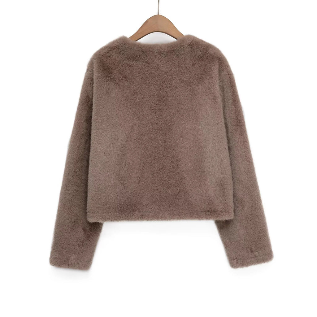 2025 Autumn/Winter New Women's Sweet and Fashionable Round Neck Artificial Fur Effect Short Jacket Coat