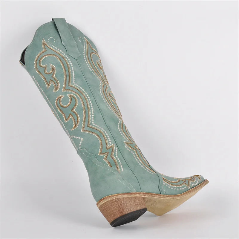 Onlymaker Women Pointed Toe Side Zipper Knee High Embroidery Western Cowgirl Boots Chunky Heel Embroidery Cowboy Boots