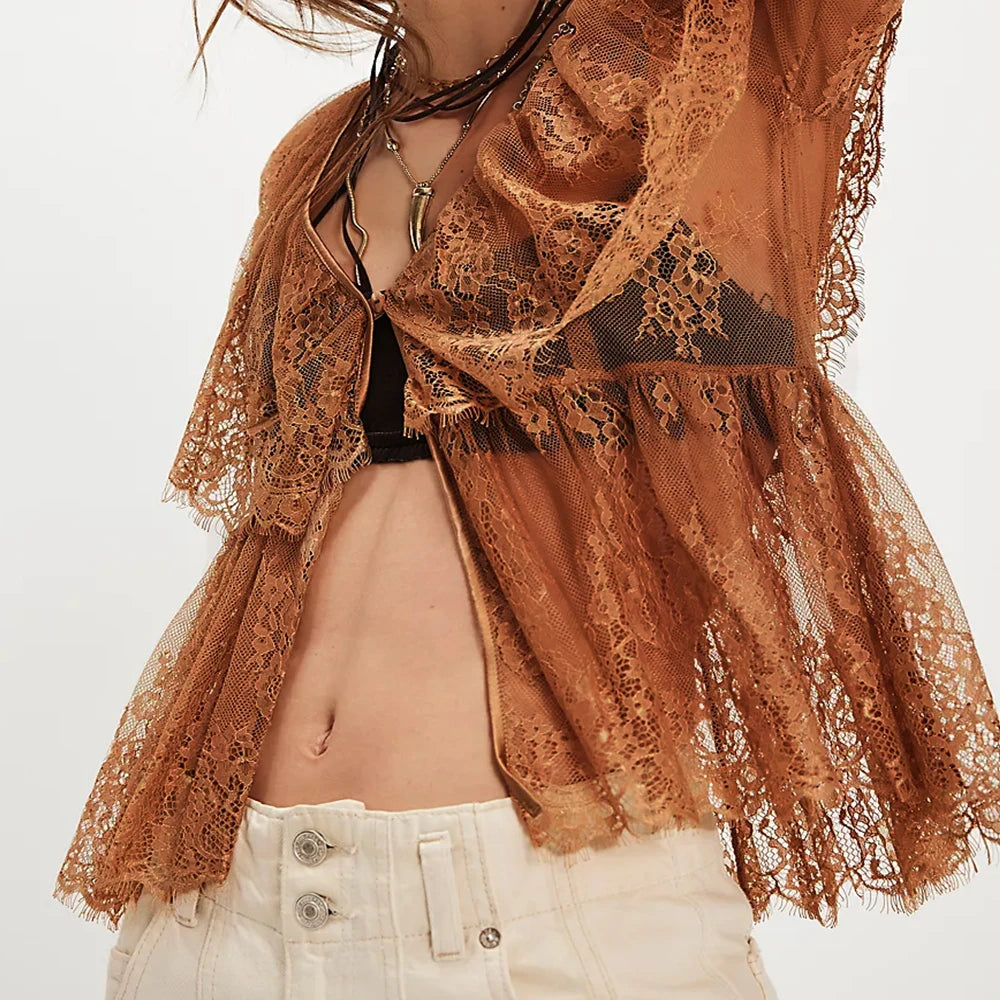 Women Lace Long Sleeve Peplum Top Flowy Bow Front Tie Up Babydoll Shirt Y2k Coquette Ruffle Trim Boho Sheer Blouse Going Out Top