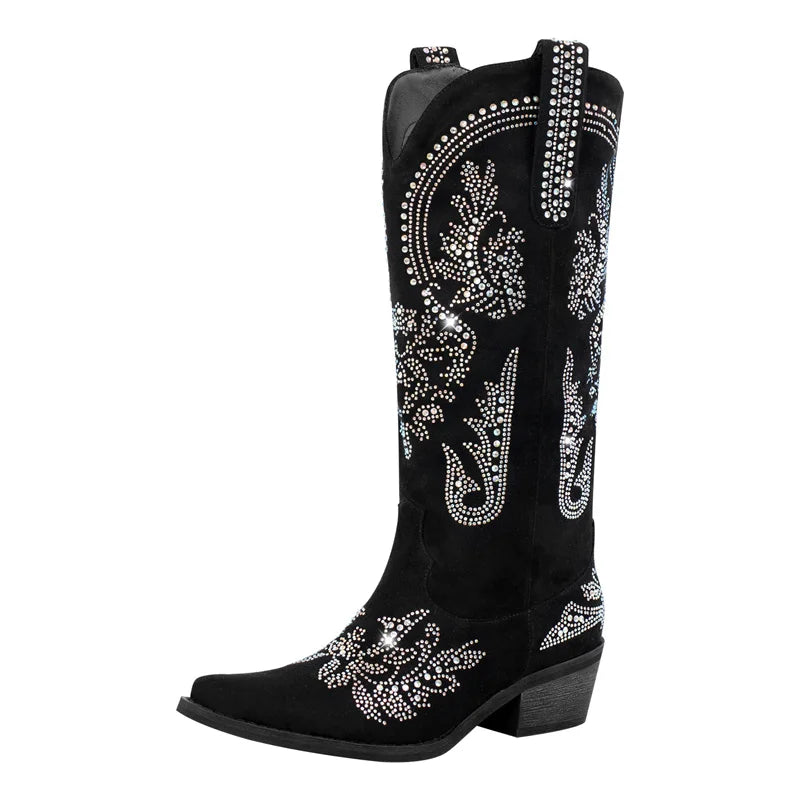 Women Pointed Toe Rhinestone Western Cowboy Boots Black  Female Wide Mid Calf Boots
