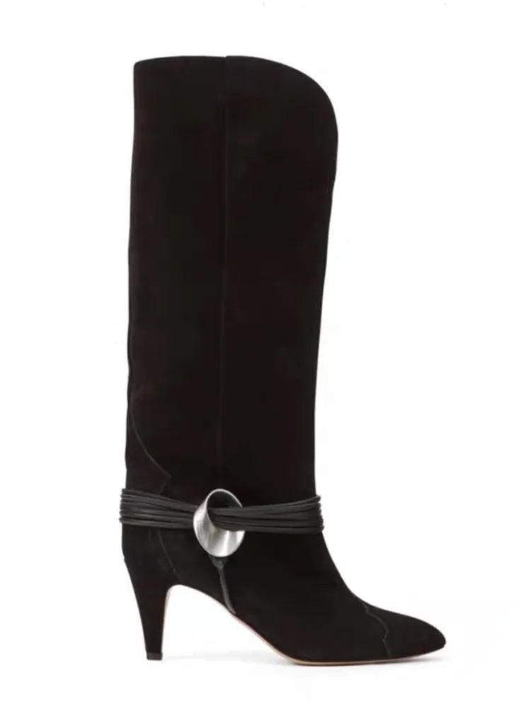 New Round Toe Slim Fit High Heels Knee High Women's Boots Autumn and Winter Fashion Mid Length Boots Women's Short Boots