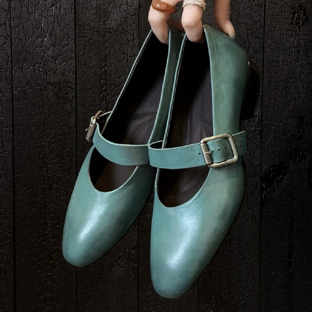 Handmade Genuine Leather Soft comfortable Flat Bottom Women's New Style Shoes Low Heel round Toe Look Synthetic