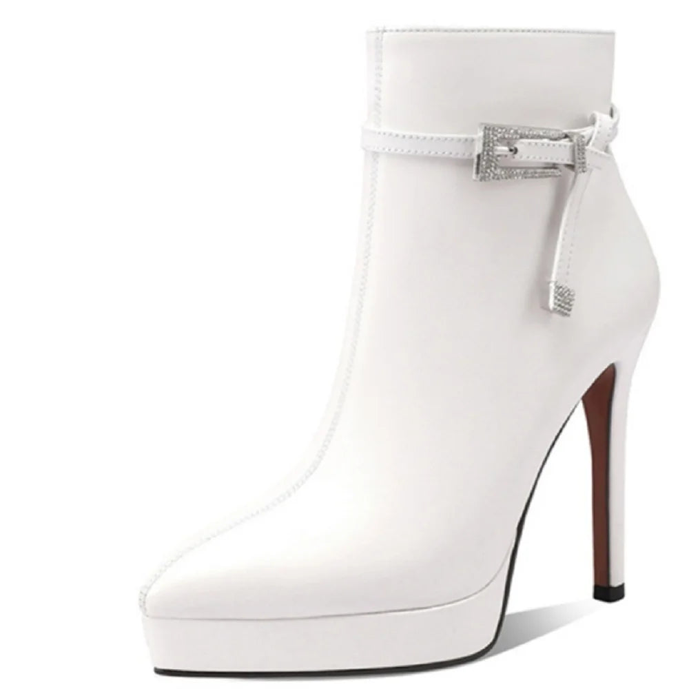 Women Handmade Genuine Leather Ankle Boots Pointed Toe Thin High Heels Short Boots Zip Ladies Shoes 33-40