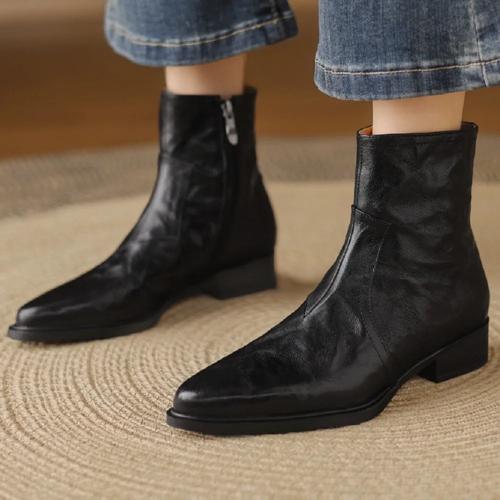 Handmade Genuine Leather Western Cowboy Women's Pointed Toe Short Boots British Style Mid Heel Boots 34-40