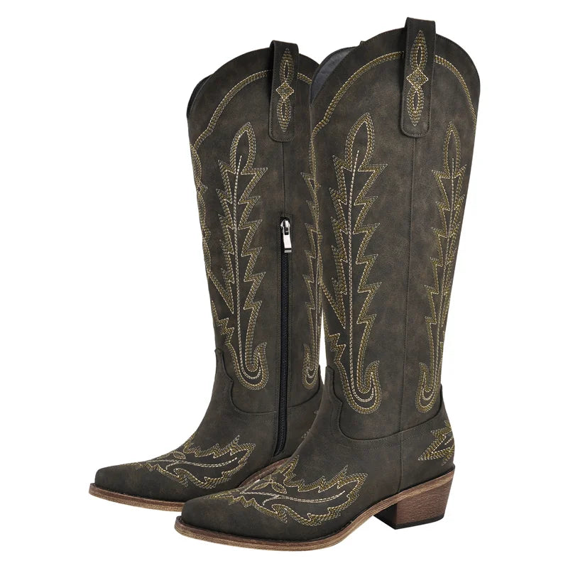 Onlymaker Women Pointed Toe Side Zipper Embroidered Western Cowboy Boots Block Heel Vintage Fashion Tall Cowgirl Boots