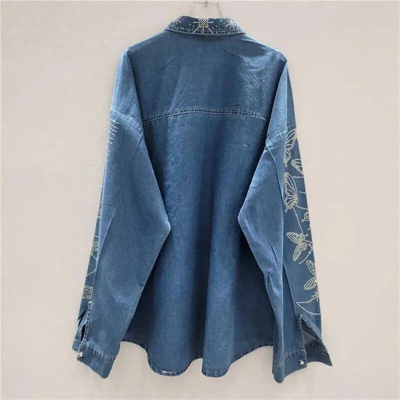 2026 Autumn New Heavy Industry Women's Two-pieces Set Diamond Design Denim Shirt Cardigan Loose Straight Casual Pants