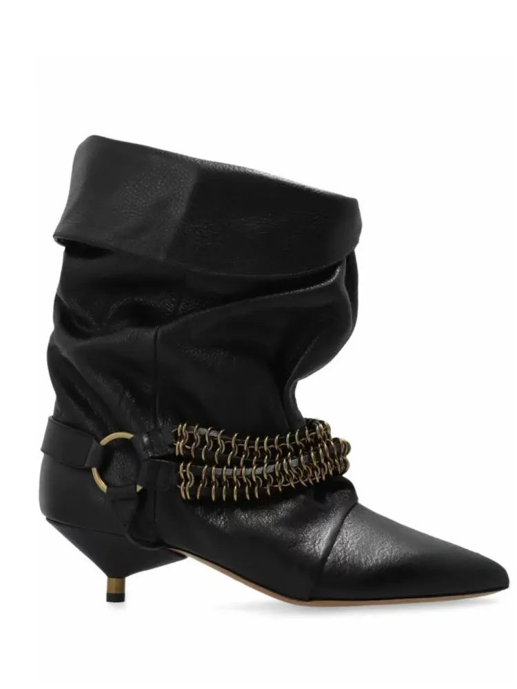 Women's Autumn and Winter New 5cm Slim Heel Fringed Calf Boots with Pointed Pleats, Women's Knight Boots, Mid Leg Boots