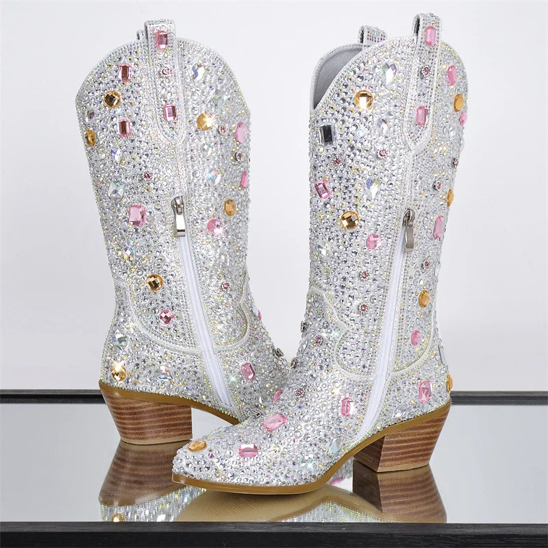 Women Sparkly Multi-colored Rhinestone Handmade Mid-calf Western Boots