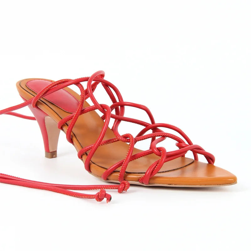Women Pointed Toe Gladiator Kitten Heel Lace Up Strappy Sandals High Heel Party Heels