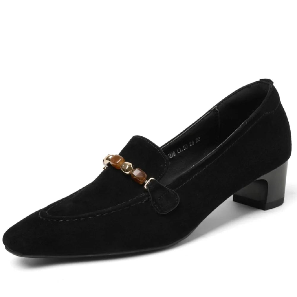 Women Handmade Suede Round Toe Vintage Metal Decoration Solid Color Casual Mid Hells Shoes Female 34-40