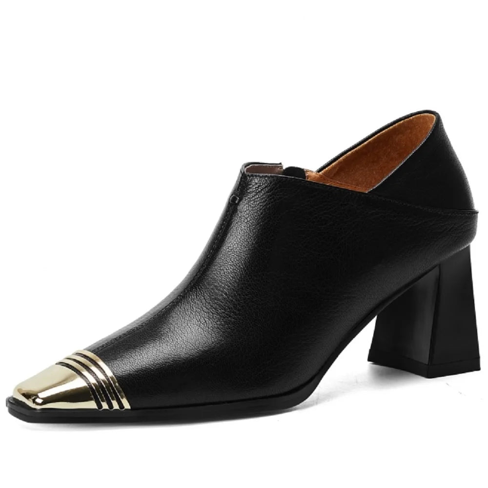 Women's Handmade New Metal Headed Genuine Leather Cowhide High Heels Square Headed Retro Shoes 34-40