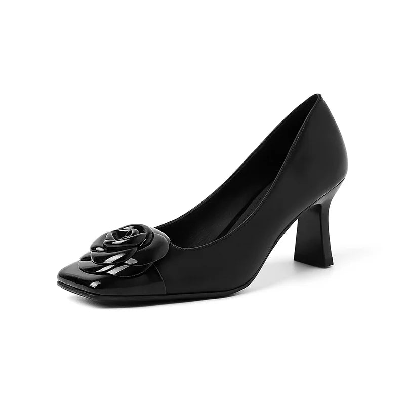 Genuine Leather Pumps Women Square Toe Flower Decoration Shallow Thick High Heels Office Ladies Party Dating Shoes