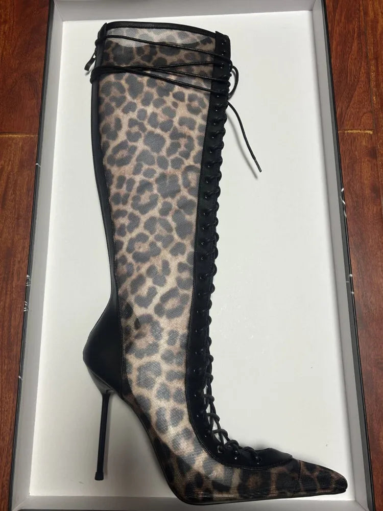 2026 Spring/Summer New Lace Short Mesh Cool Boots Side Zipper Banquet Slimming High Heels Sexy Knee Length Women's Boots