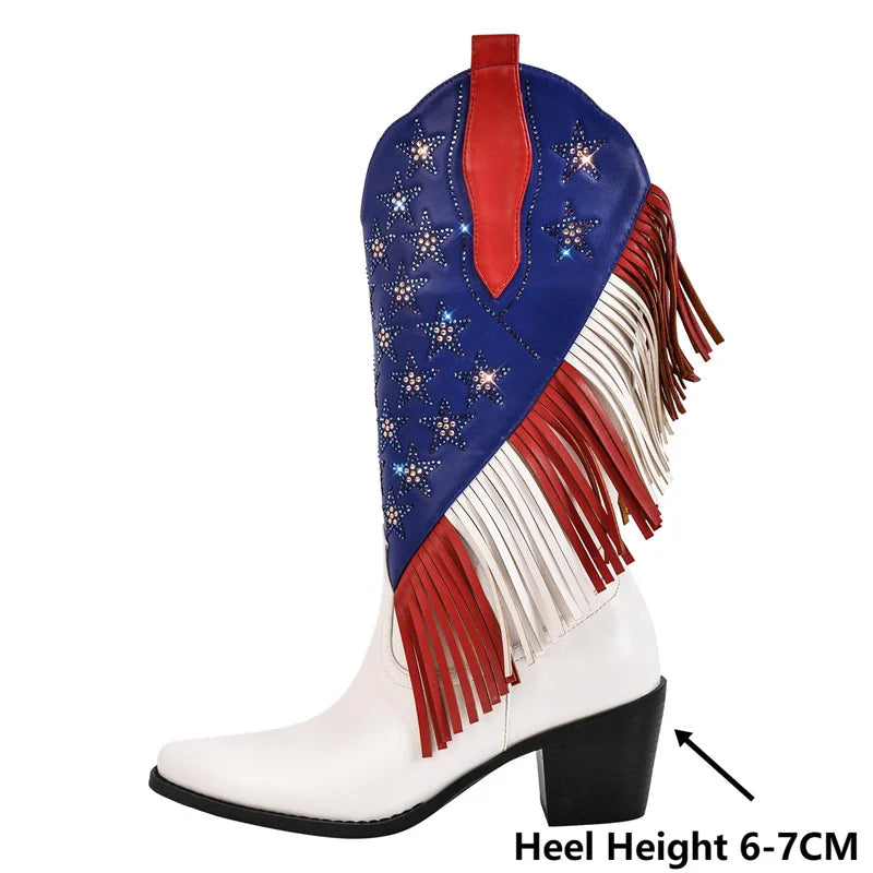 Onlymaker Women Pointed Toe Pull-on Knee High Fringe Cowgirl Boots Comfy Big Size Pull On Rhinestone Mid Calf Western Boots