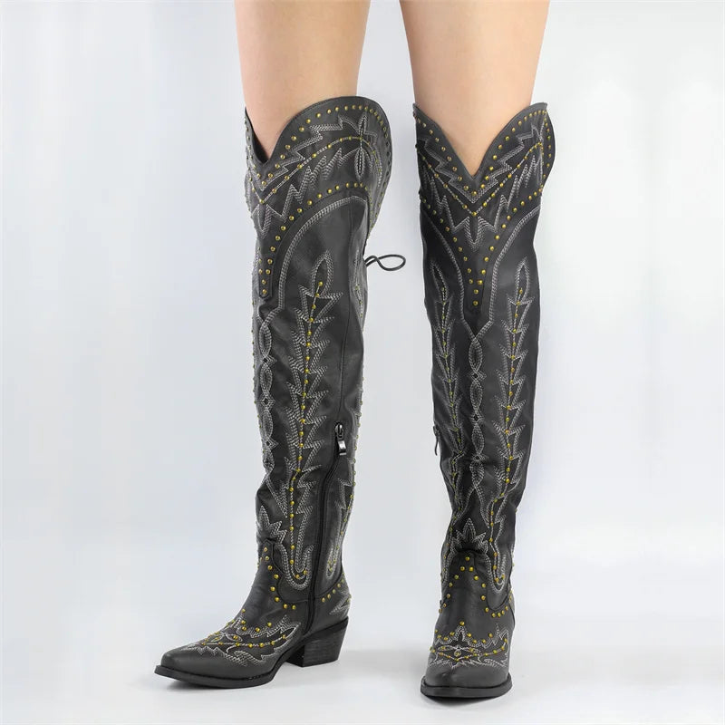 Onlymaker Women Lace UP Brown Over the Knee Boots Cowboy Boots Side Zipper Western Embroidery Thigh High Boots