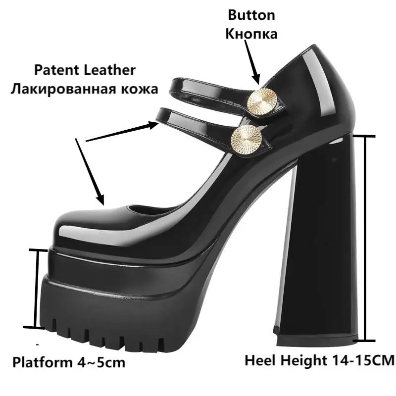 Women Pumps Mary-Jane Platform Black Pink Chunky 16CM High Heels Ankle Strap Dress Party Hoof Heel Plus Size Shoes