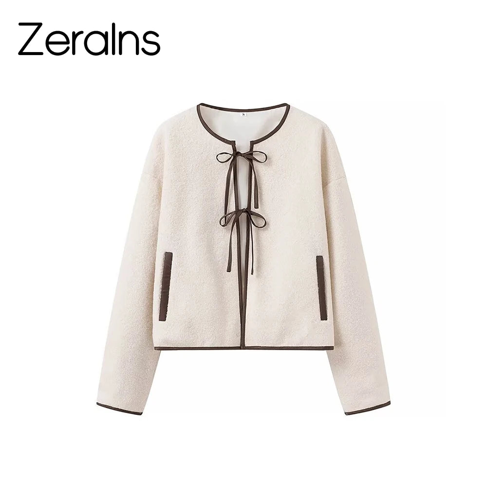 ZERAINS Autumn new women's clothing French design round neck long sleeved bow tie decoration short loose cardigan jacket