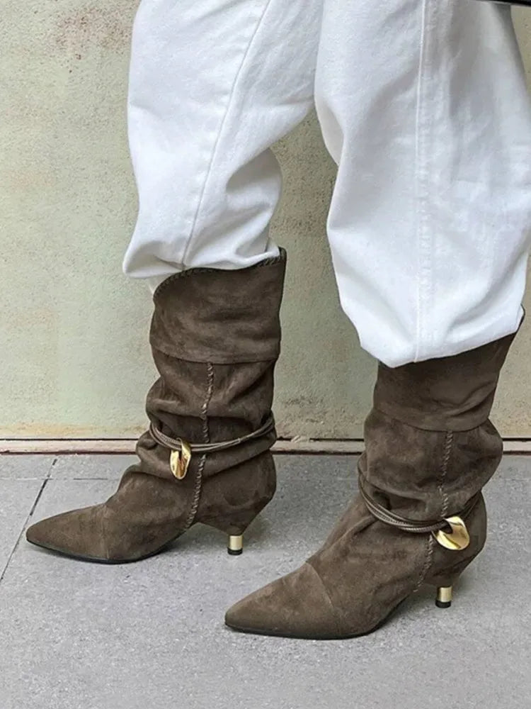 Women's Autumn and Winter New 5cm Slim Heel Fringed Calf Boots with Pointed Pleats, Women's Knight Boots, Mid Leg Boots