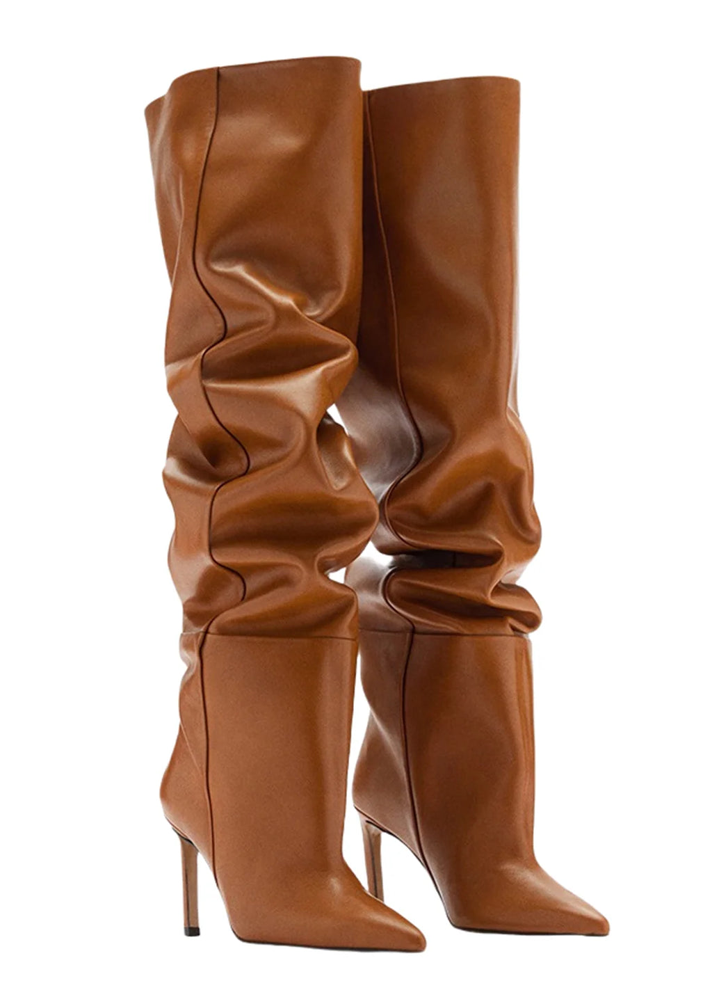 Fashion Pointed High Heels with Pleated Pile Boots, Size 46 Knee High Boots for Women, High Tube Boots