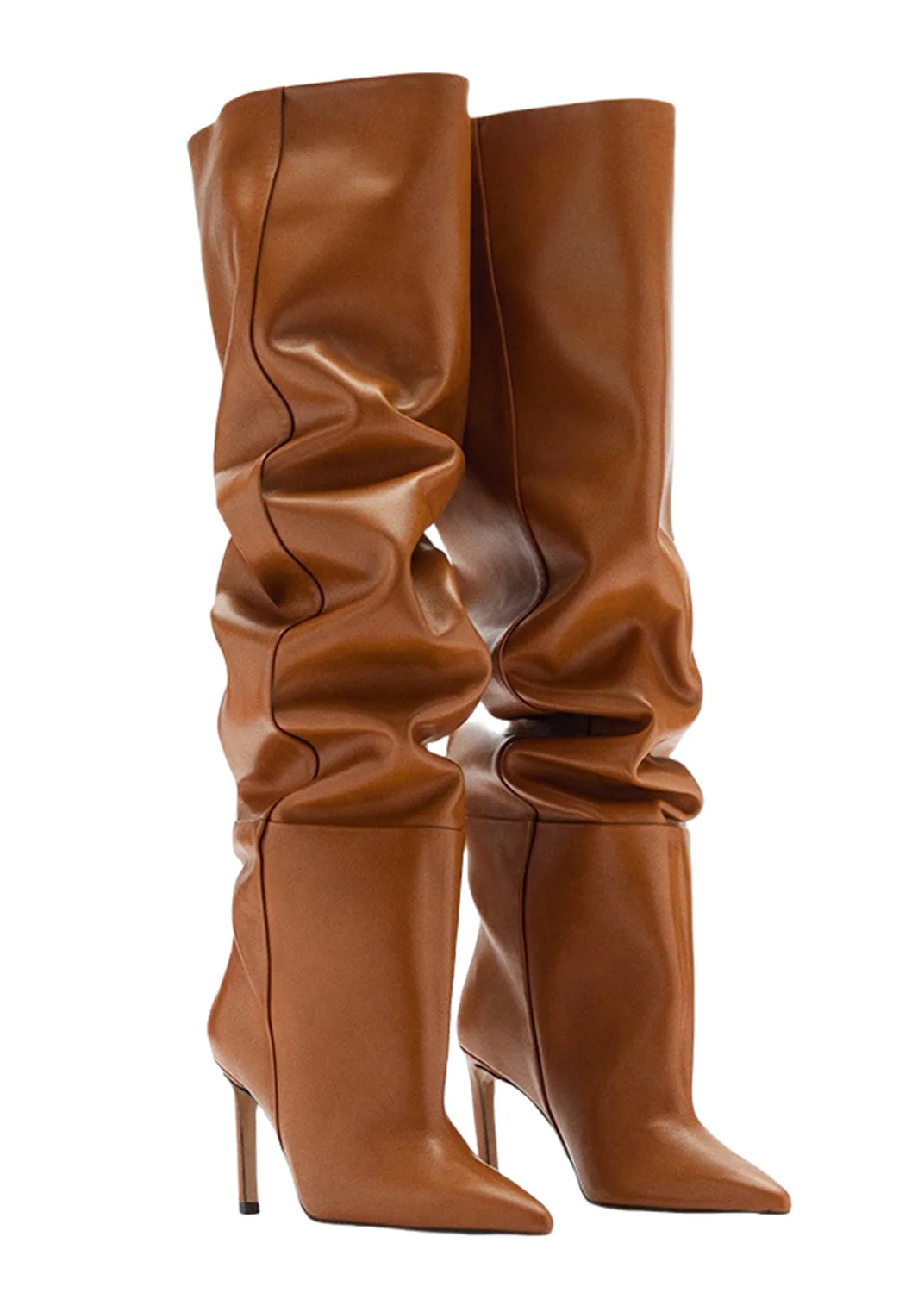 Fashion Pointed High Heels with Pleated Pile Boots, Size 46 Knee High Boots for Women, High Tube Boots