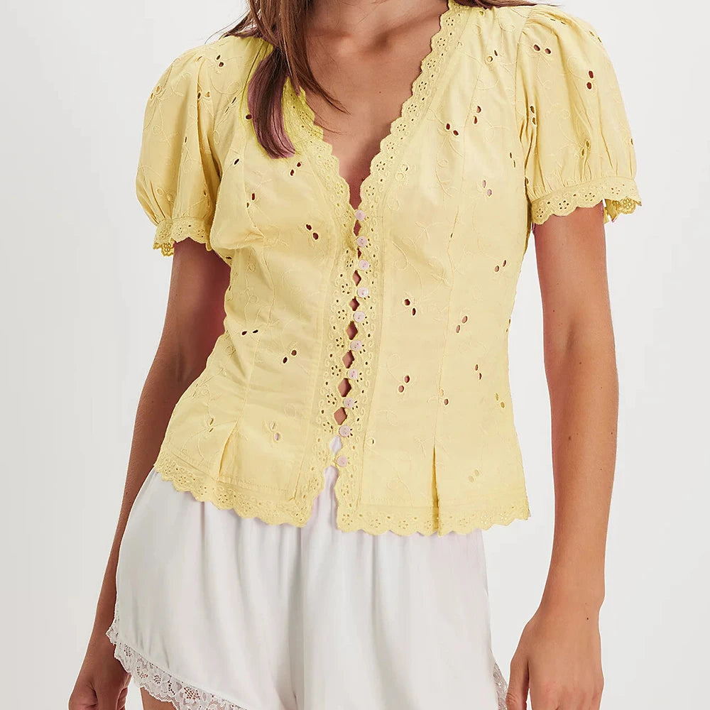 Women Summer Puff Short Sleeve Embroidered Eyelet Peplum Blouse Button Up Smocked Babydoll Crop Tops Going Out Shirts Streetwear