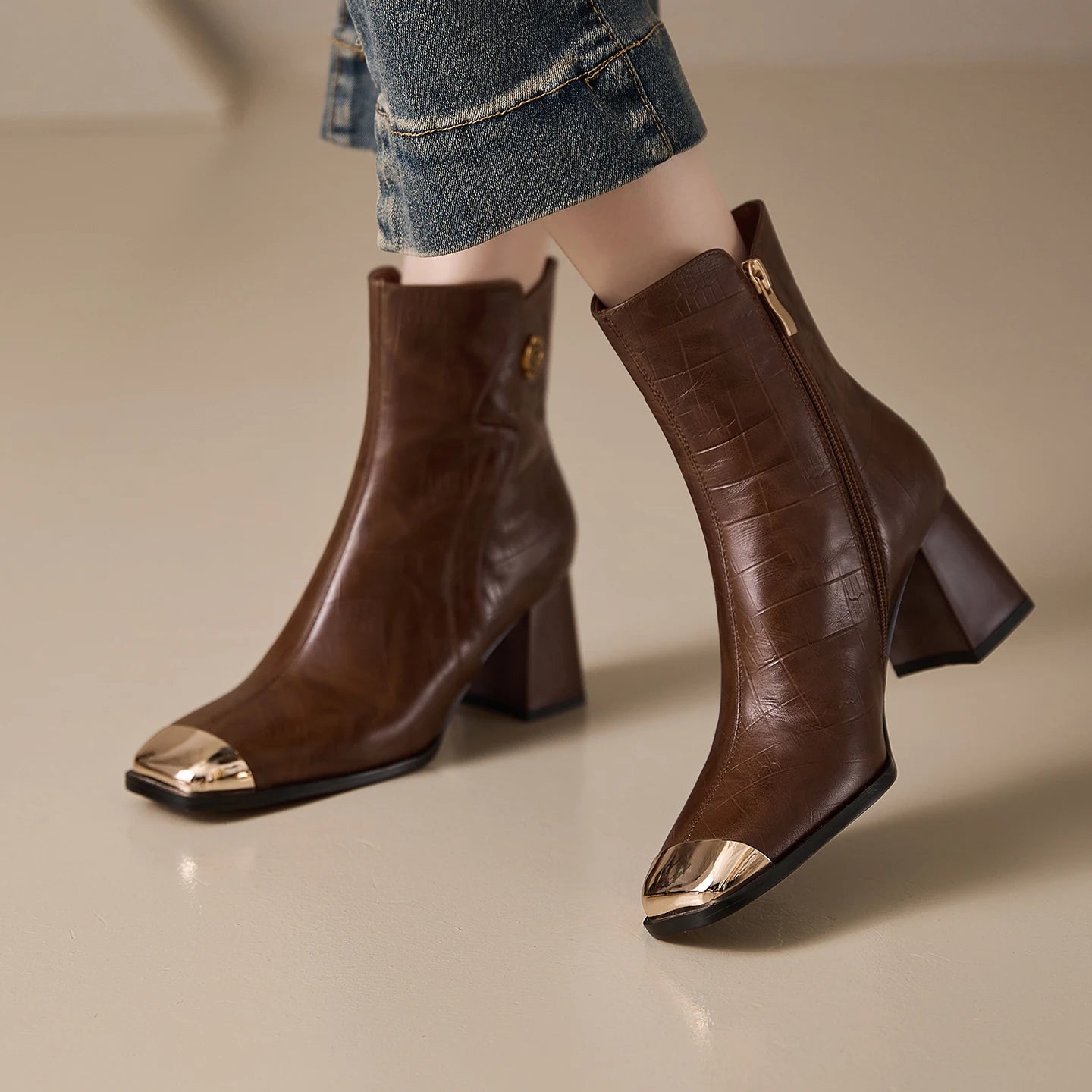 Women's Handmade Genuine Leather ort Boots Metal Square Head High Heel Autumn Winter Slim Fit Street Boots 34-40