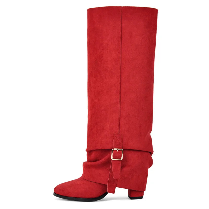 Onlymaker Women Round Toe Red Faux Suede Buckle Fold Over Knee High Boots Retro Chunky Heel Pull On Knee High Boots