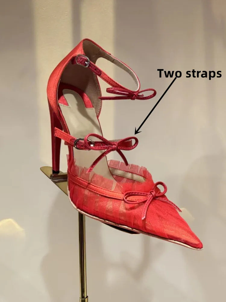 2026 Women's Summer Pointed Stiletto Lace Bow Sandals Fashion Fashion Show Party Wedding Ballet Women's High Heels