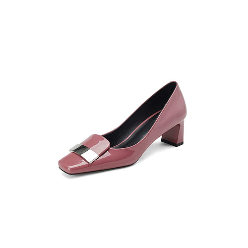 2026 Real Patent Sheepskin Leather Pumps For Women Square Toe Metal Dec Slip On High Heels Office Lady Dress Shoes