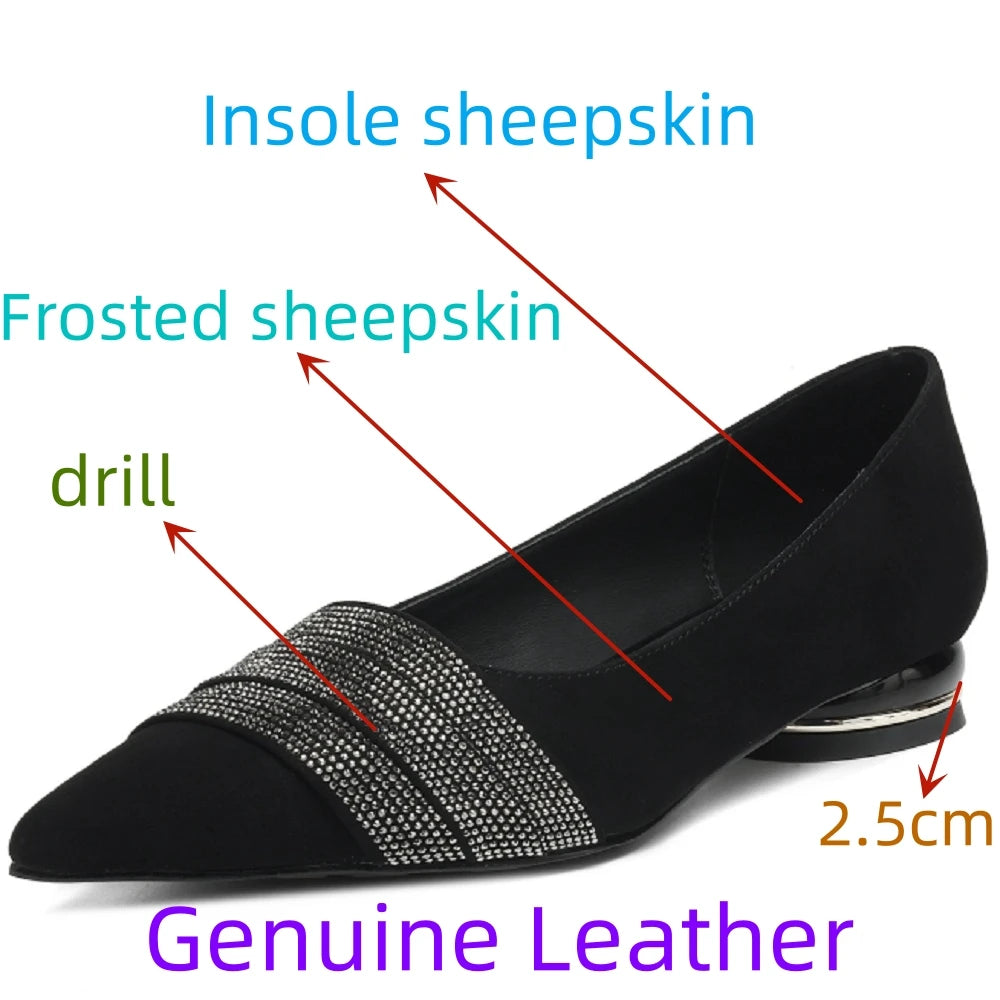 Handmade Genuine Leather Elegant Diamond Pointed Toe Casual Slip-On Flats Low Heel Solid Color Commute Shoes