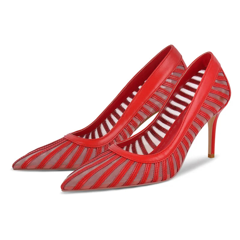 Women  Pointed Toe Mesh Pumps High Heeled Big Size  Slip On Stiletto Pumps