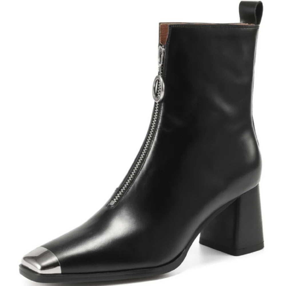 Women Handmade Genuine Leather Ankle Boots Metal High Heels Shoes Winter Square Toe Dress Lady Short Boots 34-40