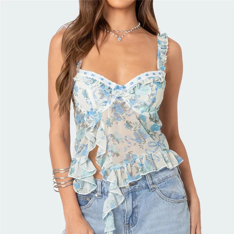 Women Camisoles Floral Print Ruffles Casual Tank Tops Summer Fashion Sleeveless Crop Tops Y2K Vintage Streetwear