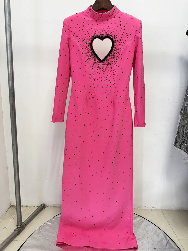 STREET Newest Fashion 2026 Designer Party Vestido Women's Heart Shaped Hollowed Out Backless  Diamonds Long Maxi Dress
